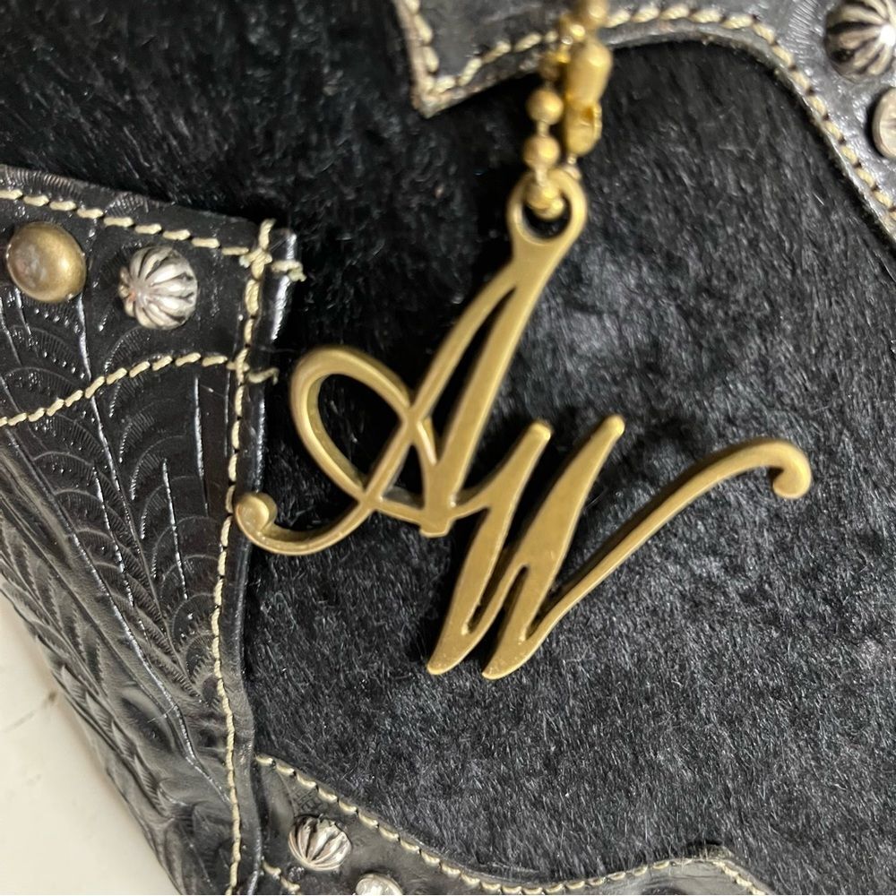 AMERICAN WEST Black Western Handbag Shoulder Bag Hair on Hide Leather Adjustable - Picture 7 of 11